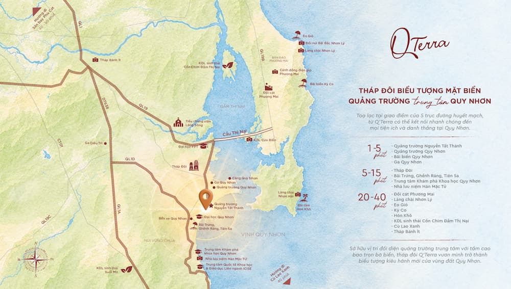 Bản đồ kết nối vùng từ Q’Terra Quy Nhơn tới Tháp Đôi, Ghềnh Ráng Tiên Sa, Eo Gió, Kỳ Co, Hòn Khô