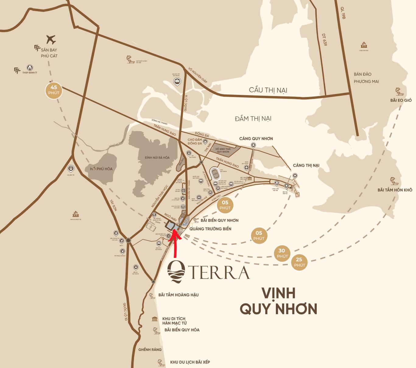 Bản đồ vị trí Q’Terra Quy Nhơn kết nối cảng Quy Nhơn, cảng Thị Nại, sân bay Phù Cát và các bãi biển