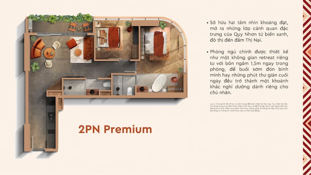Layout căn hộ 2 phòng ngủ góc (2PN Premium) Q’Terra Quy Nhơn với bồn ngâm trong phòng ngủ chính