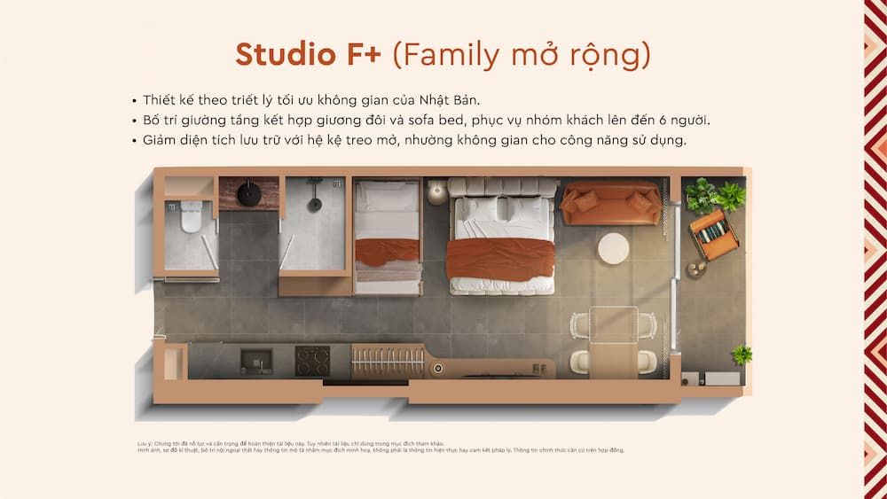 Layout căn hộ Studio F+ (Family mở rộng) Q’Terra Quy Nhơn với giường tầng, giường đôi và sofa bed