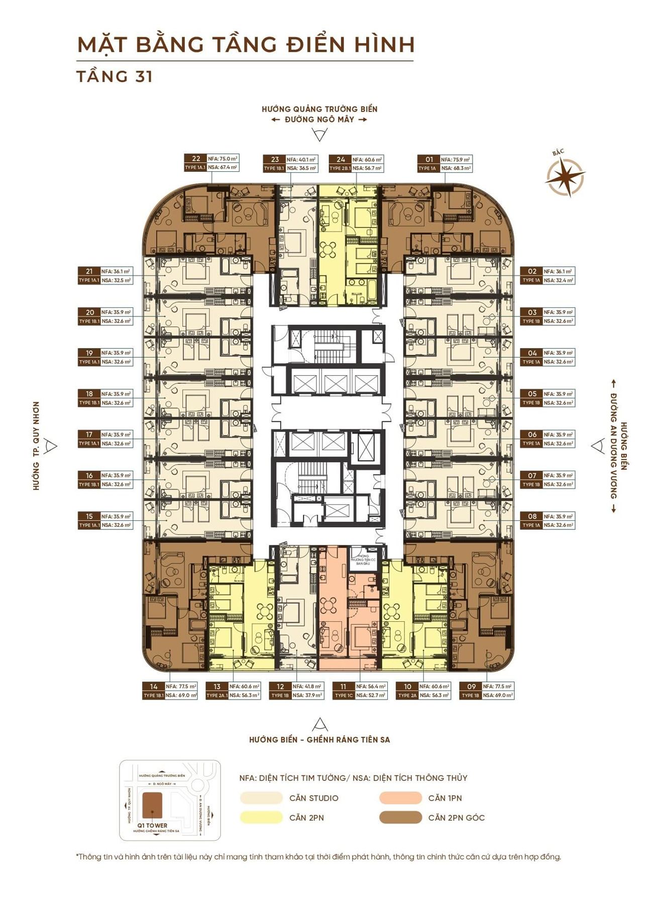 Mặt bằng tầng 31 Q’Terra Quy Nhơn có căn hộ 1 phòng ngủ diện tích thông thủy 52,7 m²