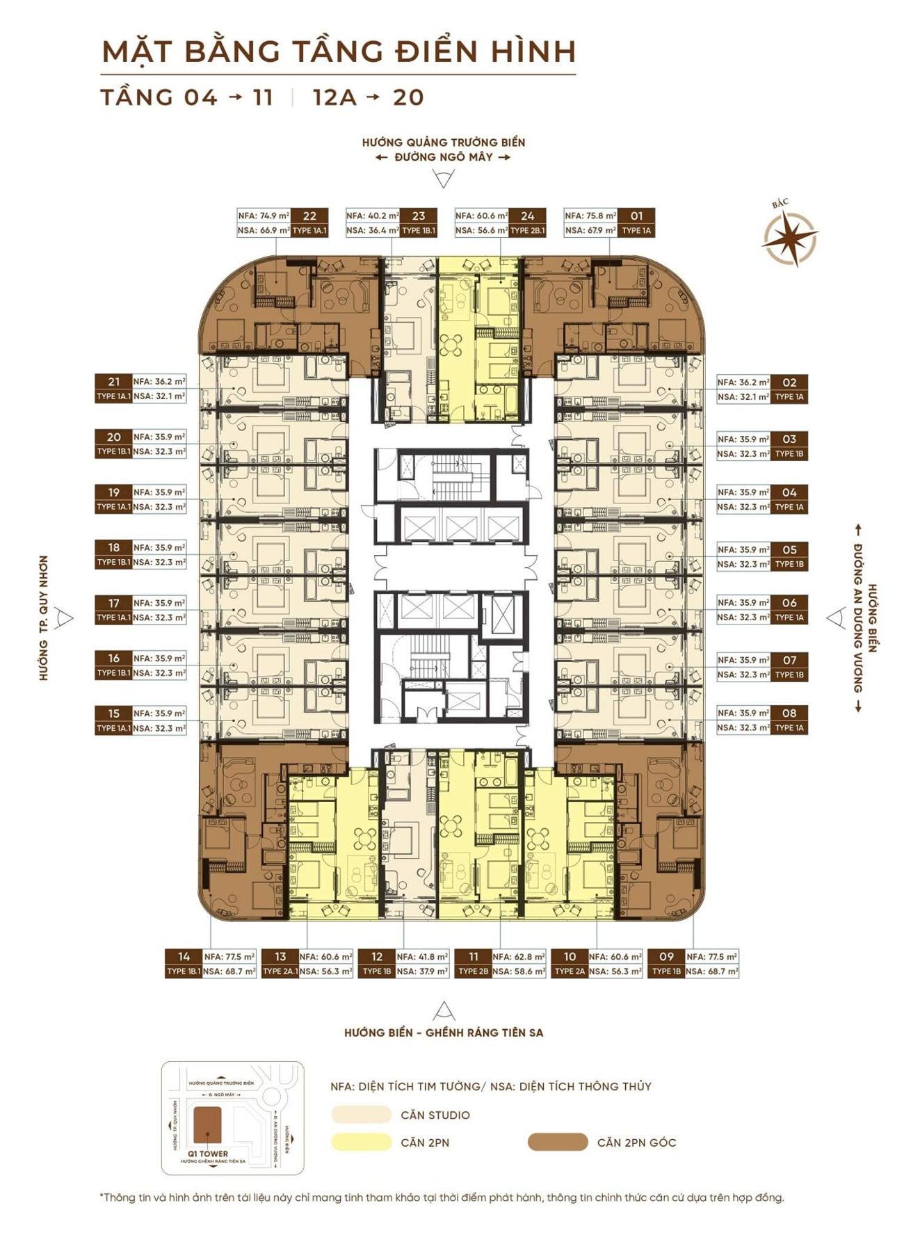 Mặt bằng tầng điển hình 4 đến 11 và 12A đến 20 Q’Terra Quy Nhơn gồm 24 căn hộ mỗi sàn