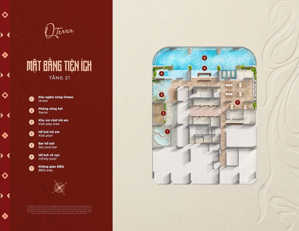 Mặt bằng tiện ích tầng 21 Q’Terra Quy Nhơn: onsen, sauna, hồ bơi vô cực, hồ bơi trẻ em, bar hồ bơi, BBQ