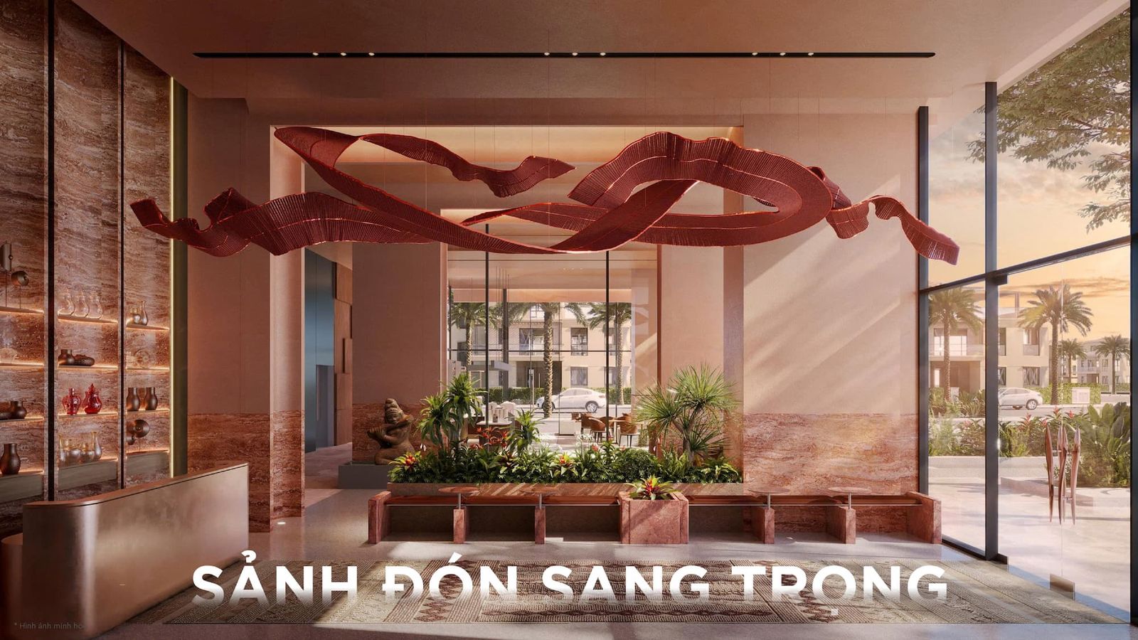 Sảnh đón tầng trệt Q’Terra Quy Nhơn với vật liệu đất nung