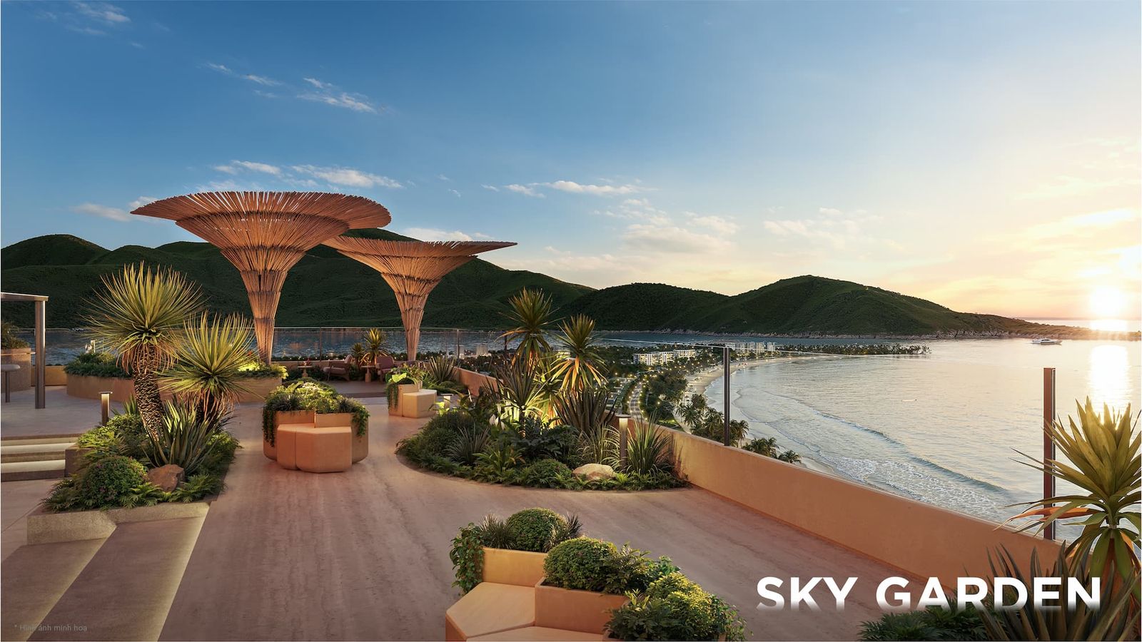 Sky garden tầng thượng Q’Terra Quy Nhơn nhìn ra bãi biển Quy Nhơn