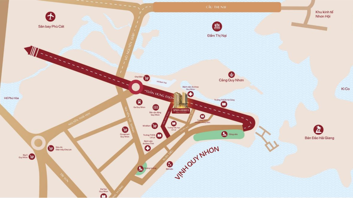 Bản đồ vị trí Simona Heights Quy Nhơn trên đường Trần Hưng Đạo, gần cảng Quy Nhơn, đầm Thị Nại và vịnh Quy Nhơn