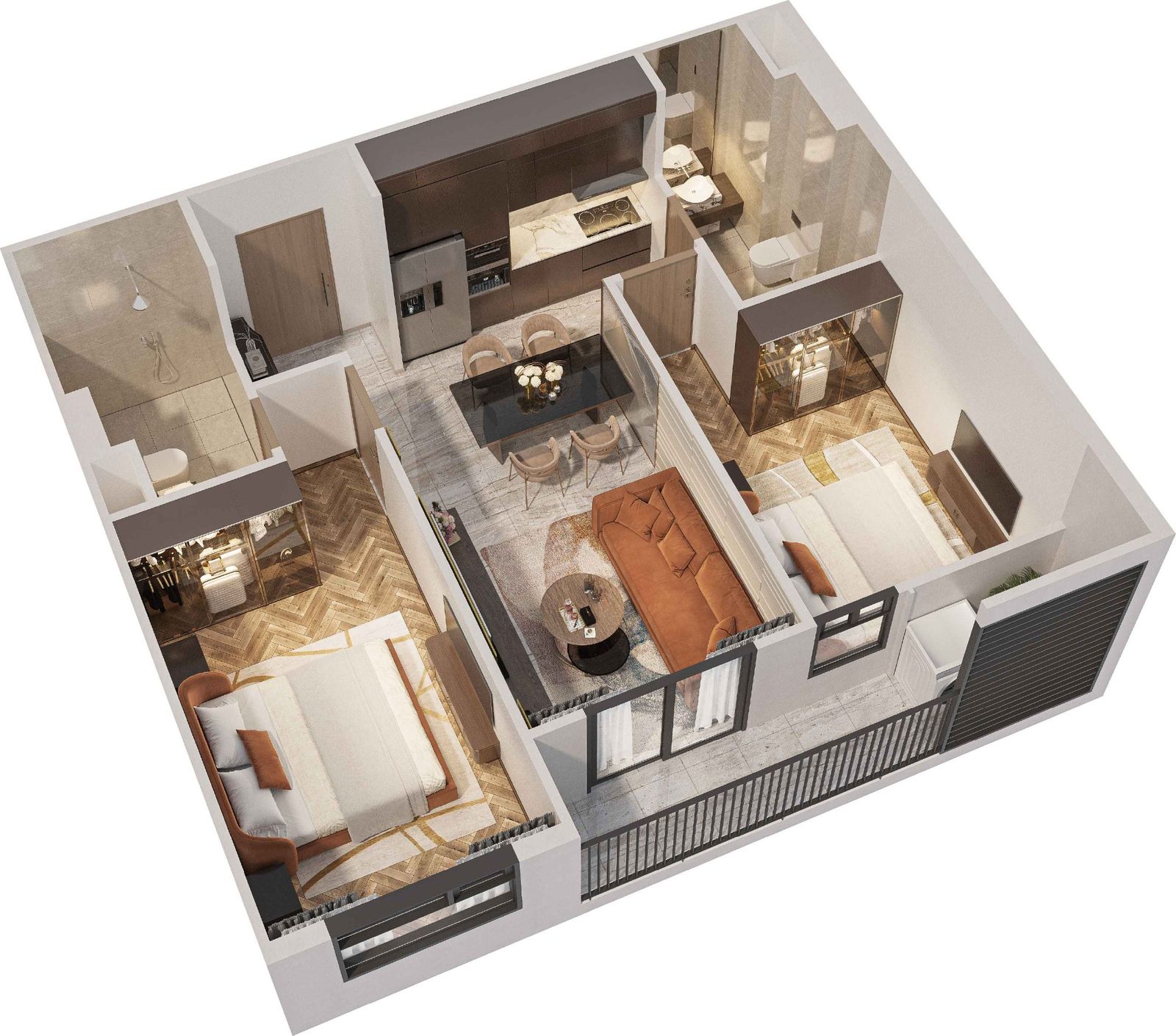 Mặt bằng 3D căn hộ Profit Heights 2 phòng ngủ 2 WC Simona Heights Quy Nhơn diện tích khoảng 65 m²