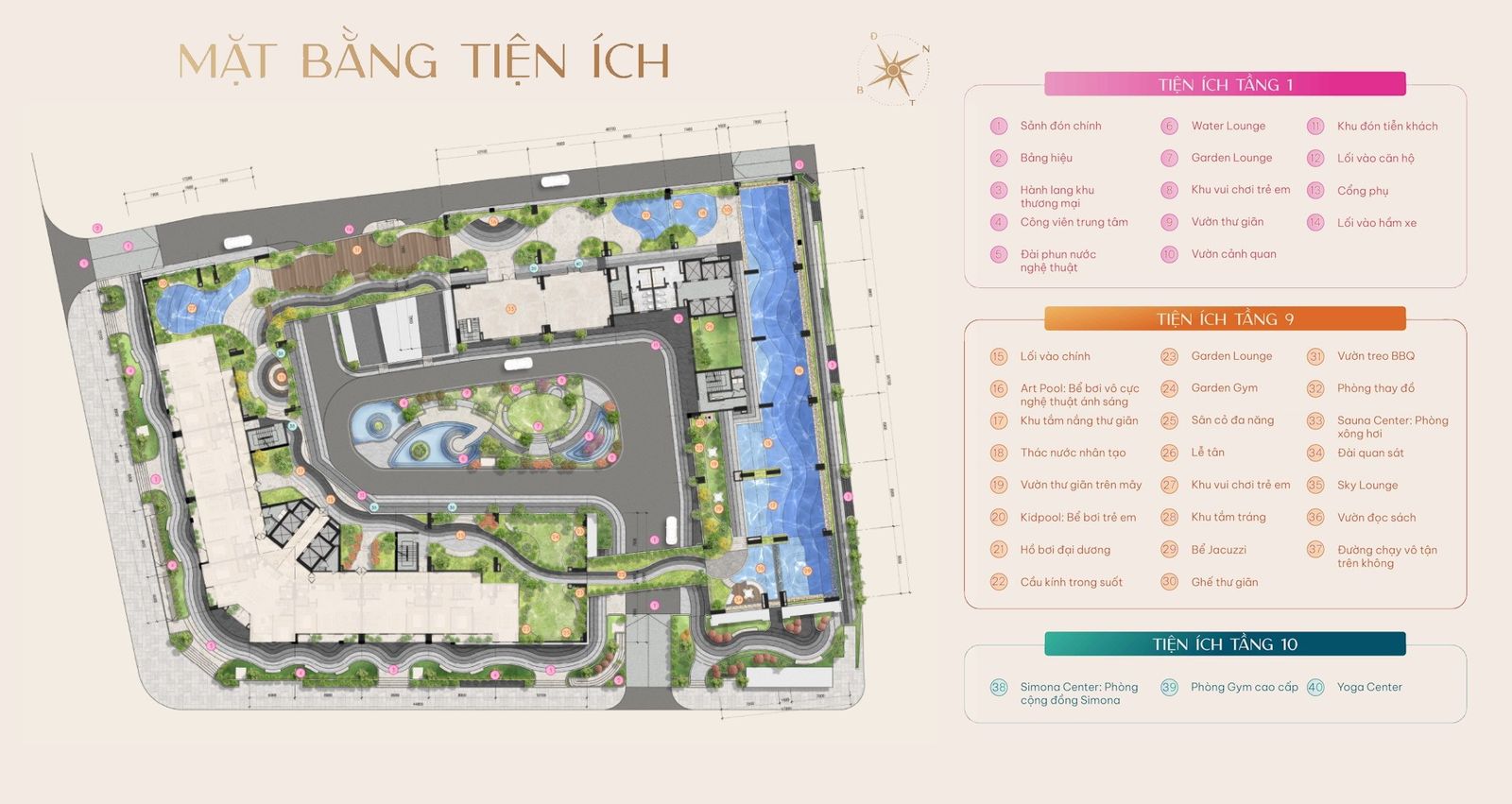 Mặt bằng tiện ích Simona Heights Quy Nhơn tầng 1, tầng 9 và tầng 10