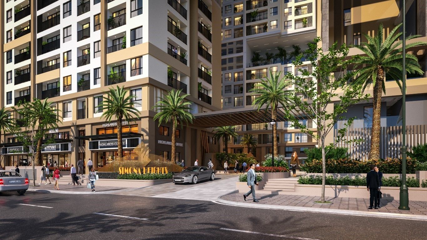 Mặt tiền khối đế thương mại Simona Heights Quy Nhơn với lối vào sảnh dự án