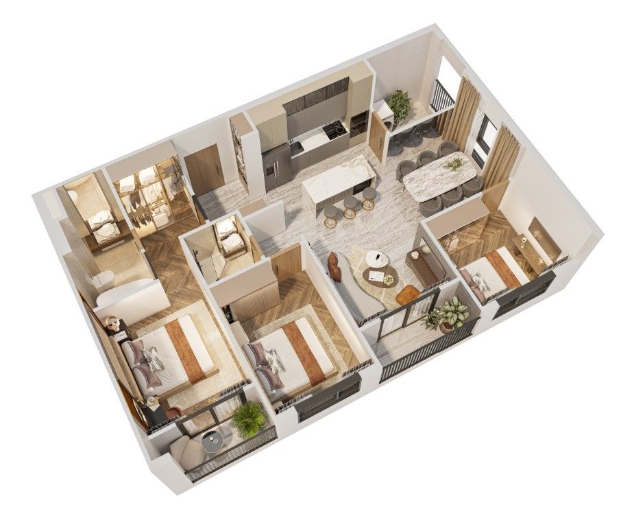 Phối cảnh bóc mái căn S.05 Simona Heights Quy Nhơn tòa The Sea loại 3 phòng ngủ diện tích 87,54 m²