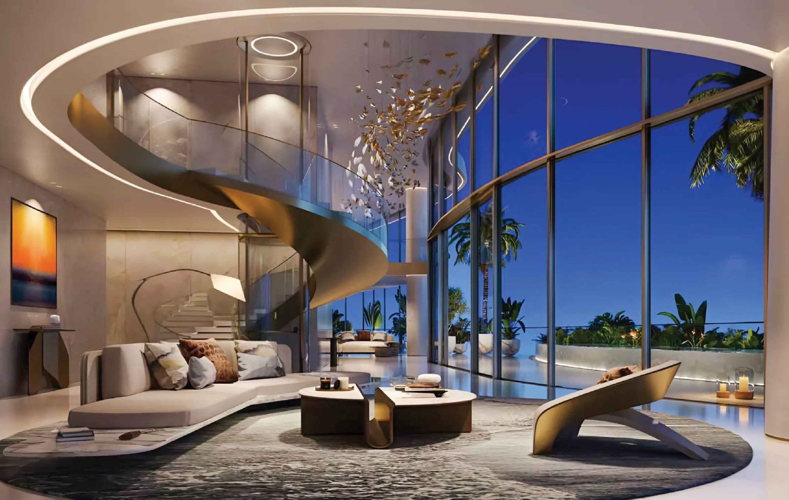 Phối cảnh phòng khách căn hộ Pent Heights Simona Heights Quy Nhơn với cầu thang xoắn và tầm nhìn biển