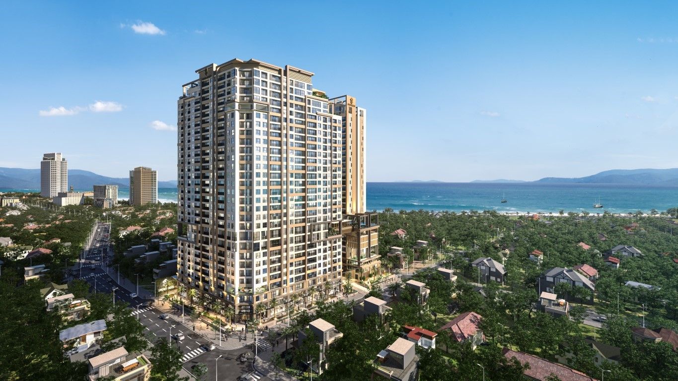 Phối cảnh Simona Heights Quy Nhơn nhìn từ trên cao giữa trung tâm thành phố, phía sau là biển Quy Nhơn