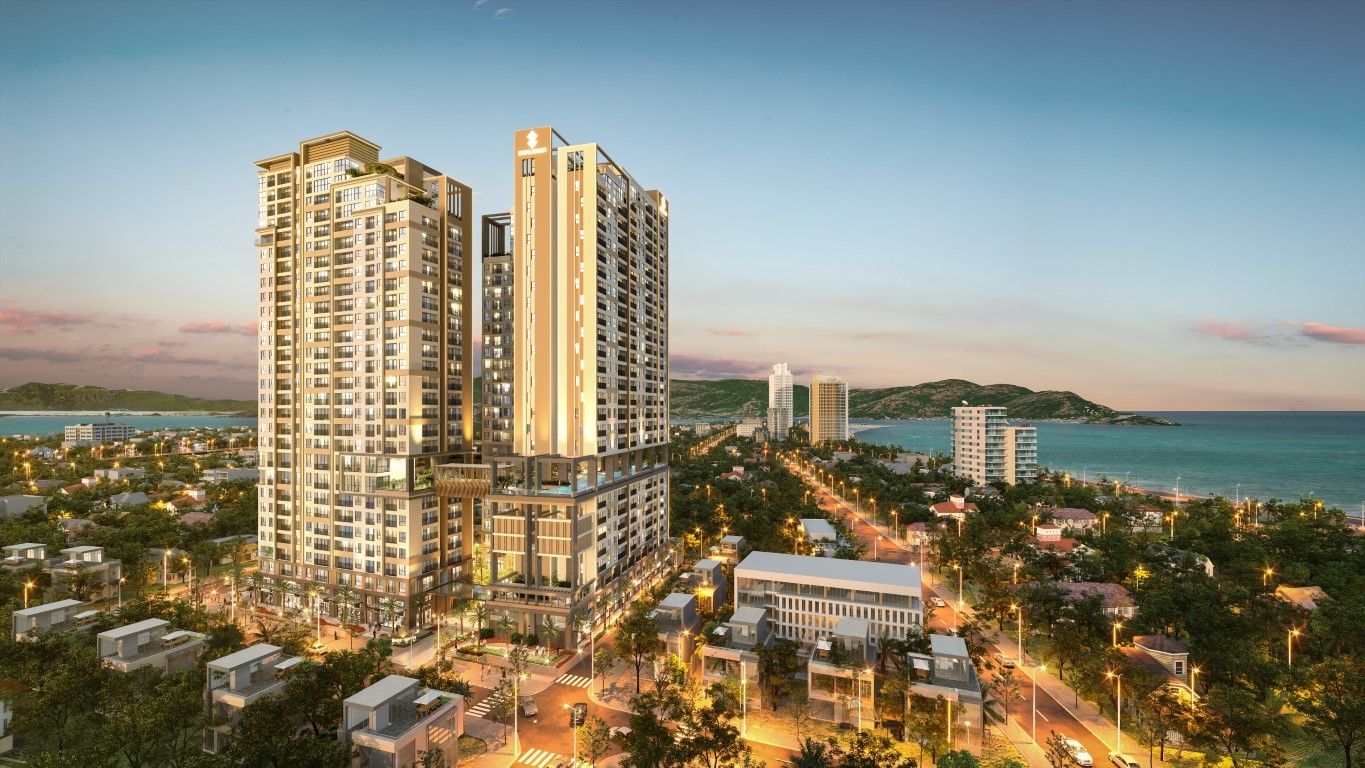 Phối cảnh tổng thể Simona Heights Quy Nhơn với hai tòa The Sea và The Harbour 29 tầng hướng ra vịnh Quy Nhơn