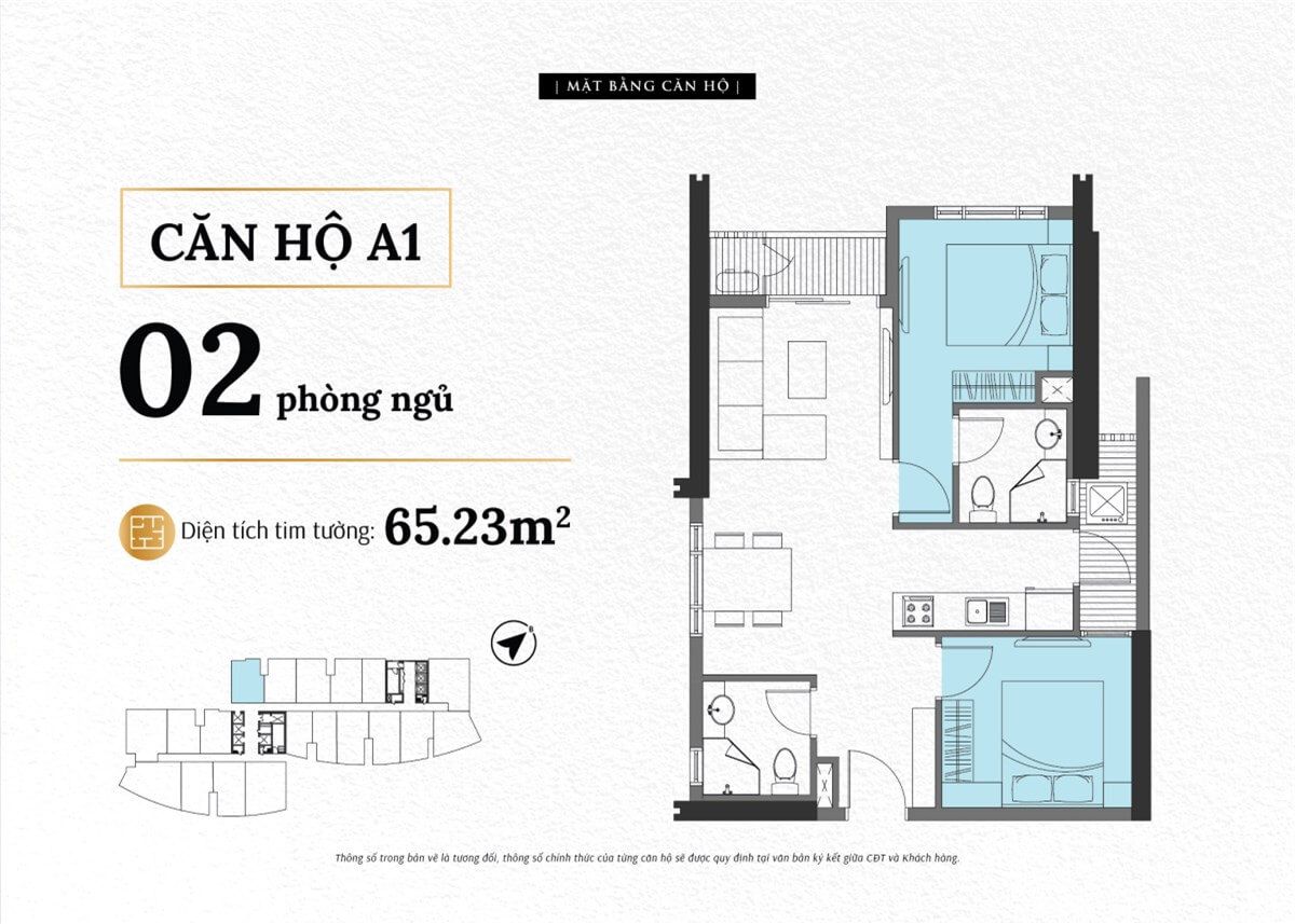 Mặt bằng căn A1 The Sailing Quy Nhơn loại 2 phòng ngủ diện tích thông thủy 57,7 m²