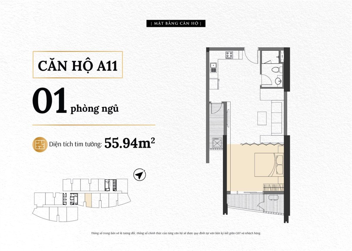Mặt bằng căn A11 The Sailing Quy Nhơn loại 1 phòng ngủ diện tích thông thủy 50,4 m²