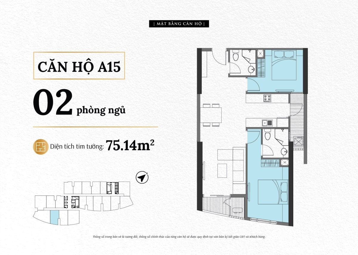 Mặt bằng căn A15 The Sailing Quy Nhơn loại 2 phòng ngủ diện tích thông thủy 68,4 m²