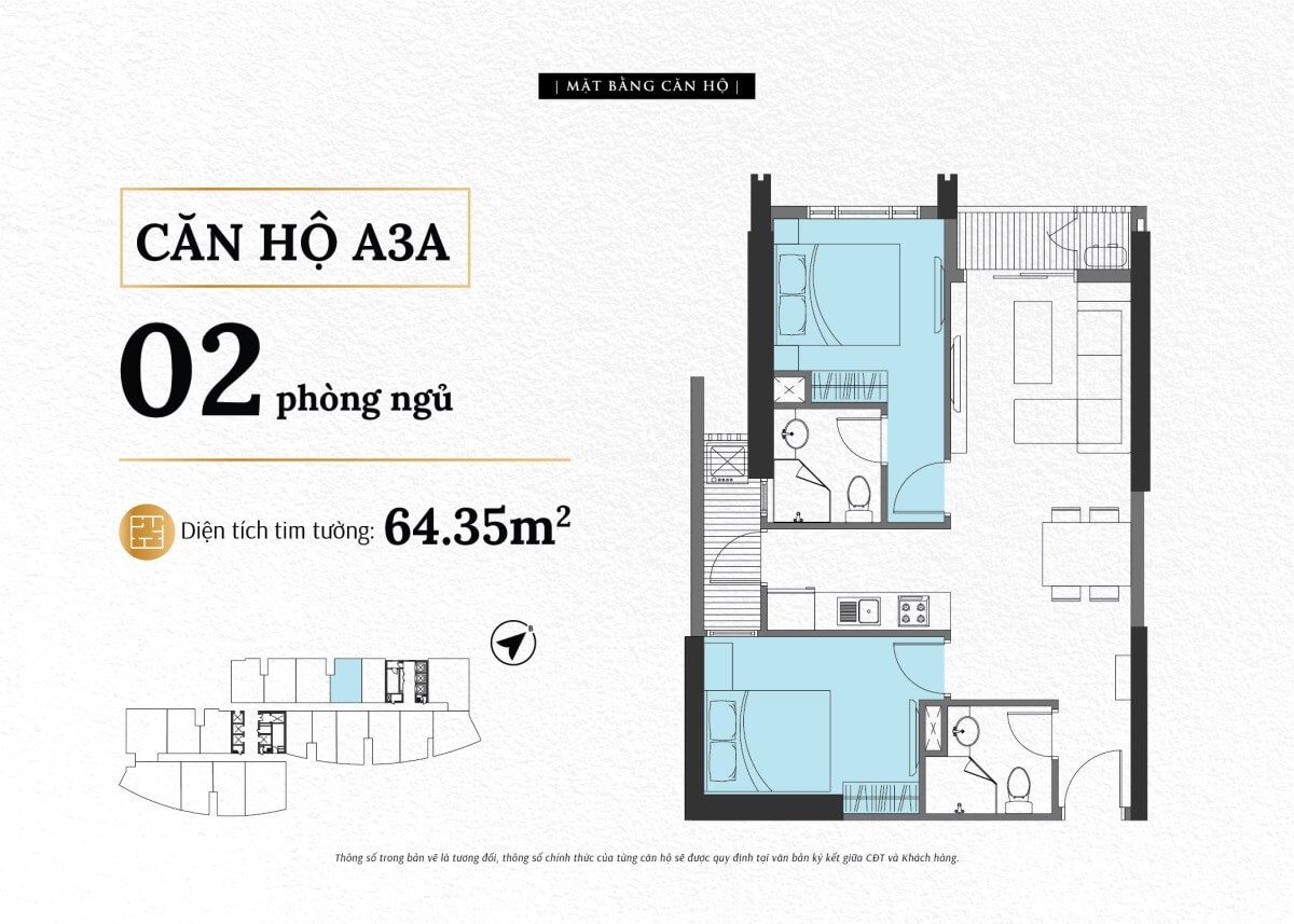 Mặt bằng căn A3A The Sailing Quy Nhơn loại 2 phòng ngủ diện tích thông thủy 58,4 m²