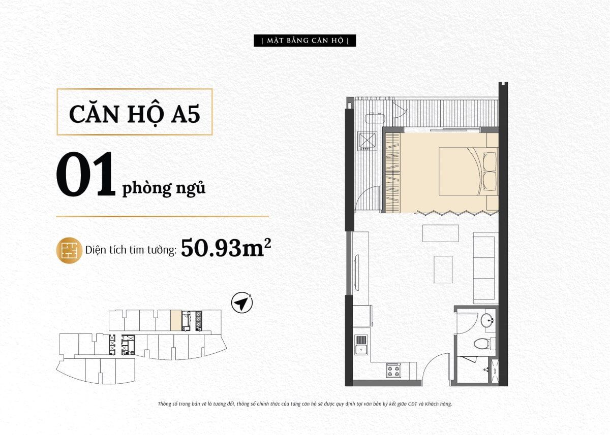 Mặt bằng căn A5 The Sailing Quy Nhơn loại 1 phòng ngủ diện tích thông thủy 46,3 m²