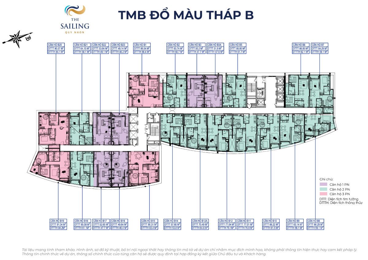 Mặt bằng tầng điển hình tháp B The Sailing Quy Nhơn gồm 23 căn hộ mỗi sàn